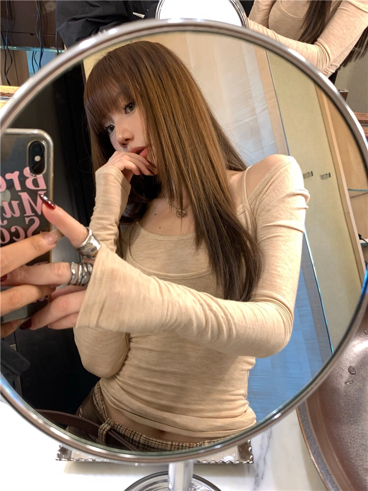 純欲風辣妹超顯身材長袖T恤打底衫女秋冬內搭吊帶背心上衣兩件套