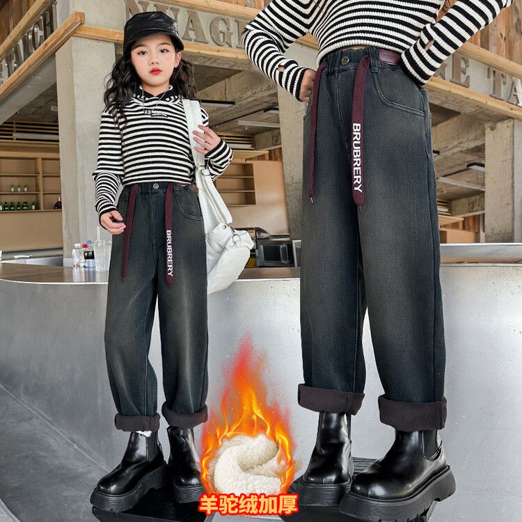 女童加絨牛仔褲秋冬款2023新款洋氣兒童冬裝加厚褲子小女孩休閒褲