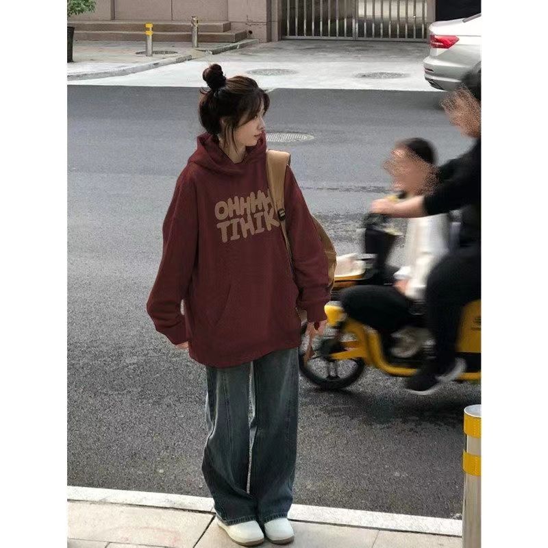 韓版hiphop字母印花酒紅色連帽衛衣女秋冬新款寬鬆學生百搭外套