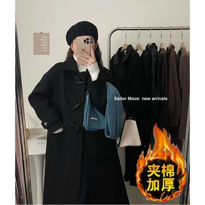 2023 new autumn and winter woolen coat mid-length extra thick little Hepburn thickened horn woolen coat for women