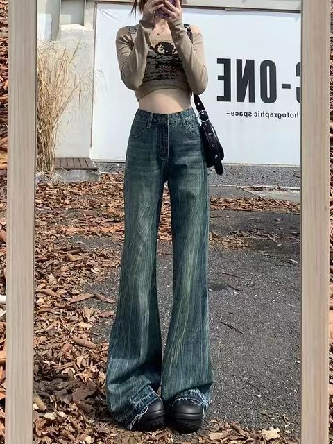 高腰微喇牛仔褲女秋冬年新款復古寬鬆顯瘦不貼腿直筒長褲子潮ins