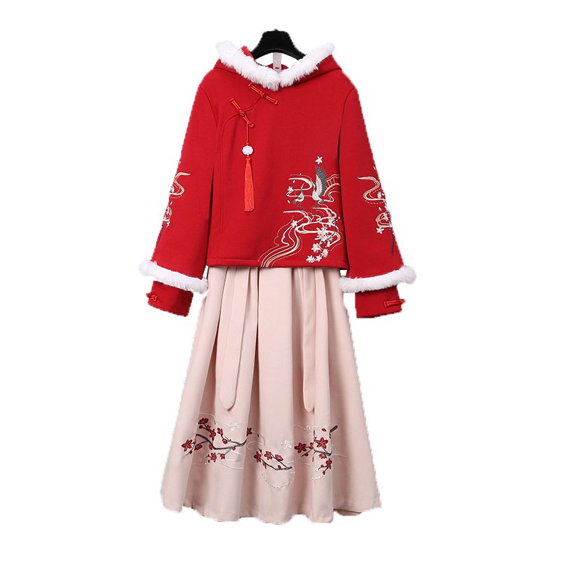 【婴儿绒】圣诞穿搭刺绣加绒新中式轻国风冬装过年红色套装裙唐装