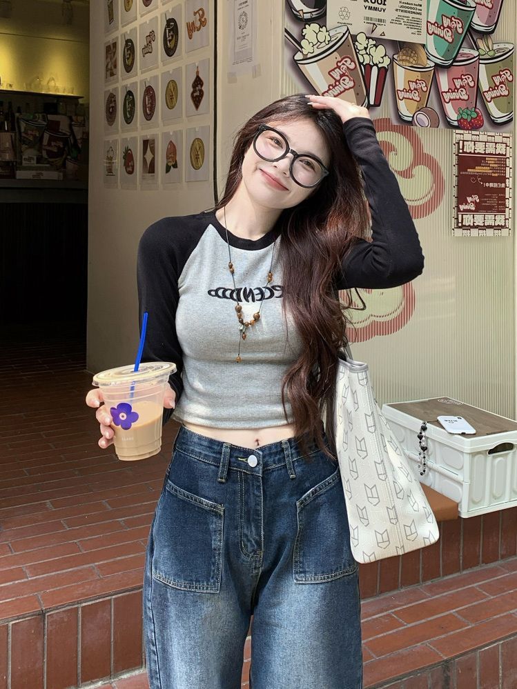 美式復古拼色短款長袖t恤女秋季小眾百搭修身顯瘦辣妹打底衫上衣