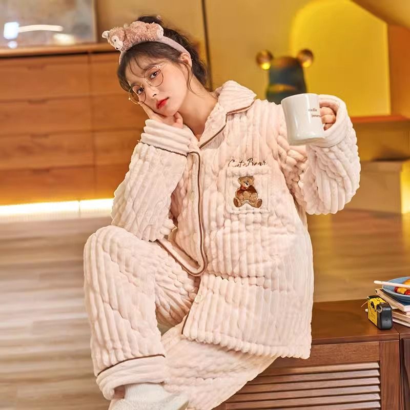 情侶睡衣女秋冬款加厚保暖加絨三層夾棉珊瑚絨男士家居服冬季套裝