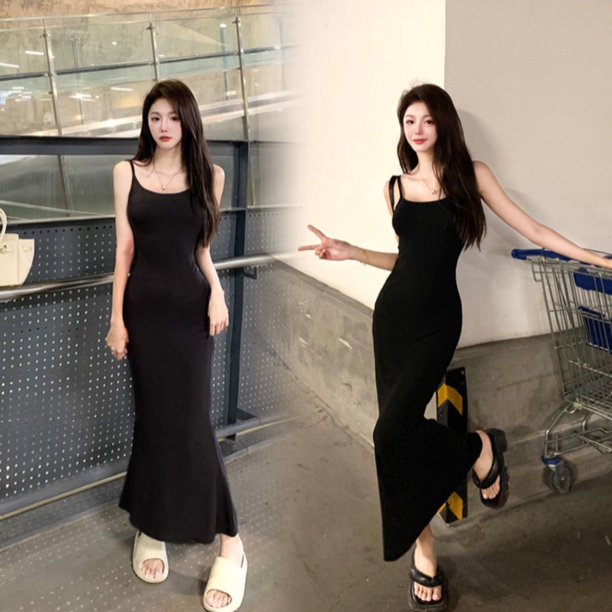 甜辣妹黑色吊帶連衣裙女2023秋季小眾魚尾緊身後媽裙包臀修身長裙