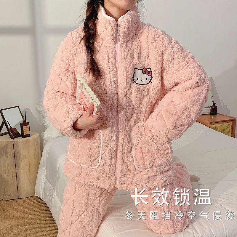 Thick velvet three-layer quilted jacket, ultra-thick pajamas, women's autumn and winter suits, coral velvet warm winter home clothes