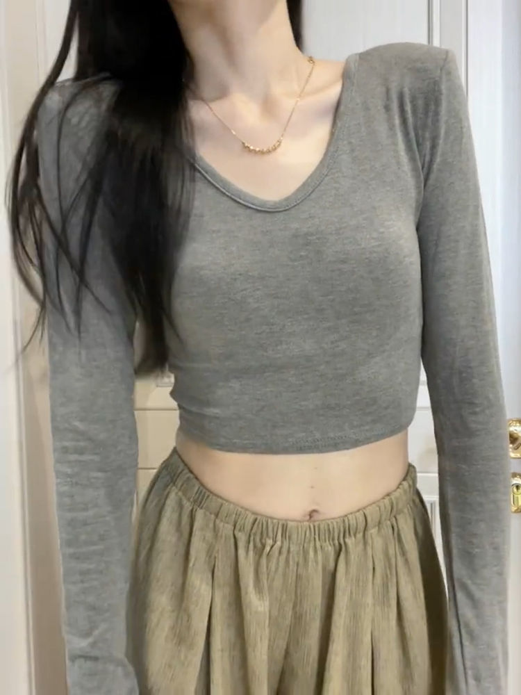 美式修身辣妹V領正肩長袖t恤女春秋季內搭緊身短款打底衫灰色上衣