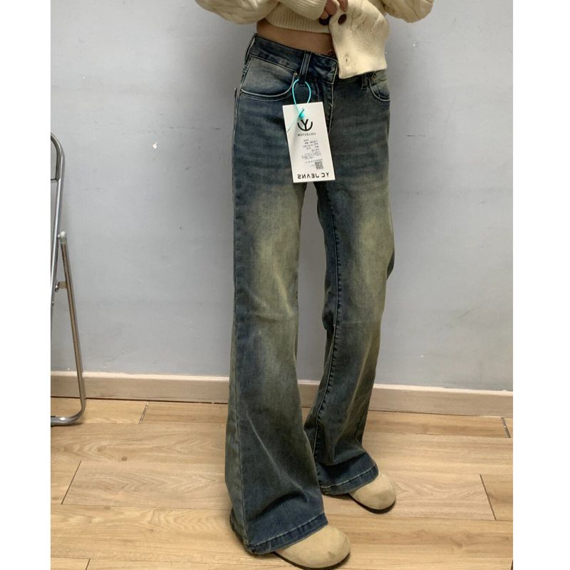 復古做舊水泥灰微喇叭牛仔褲女小個子高腰彈力修身直筒拖地長褲潮