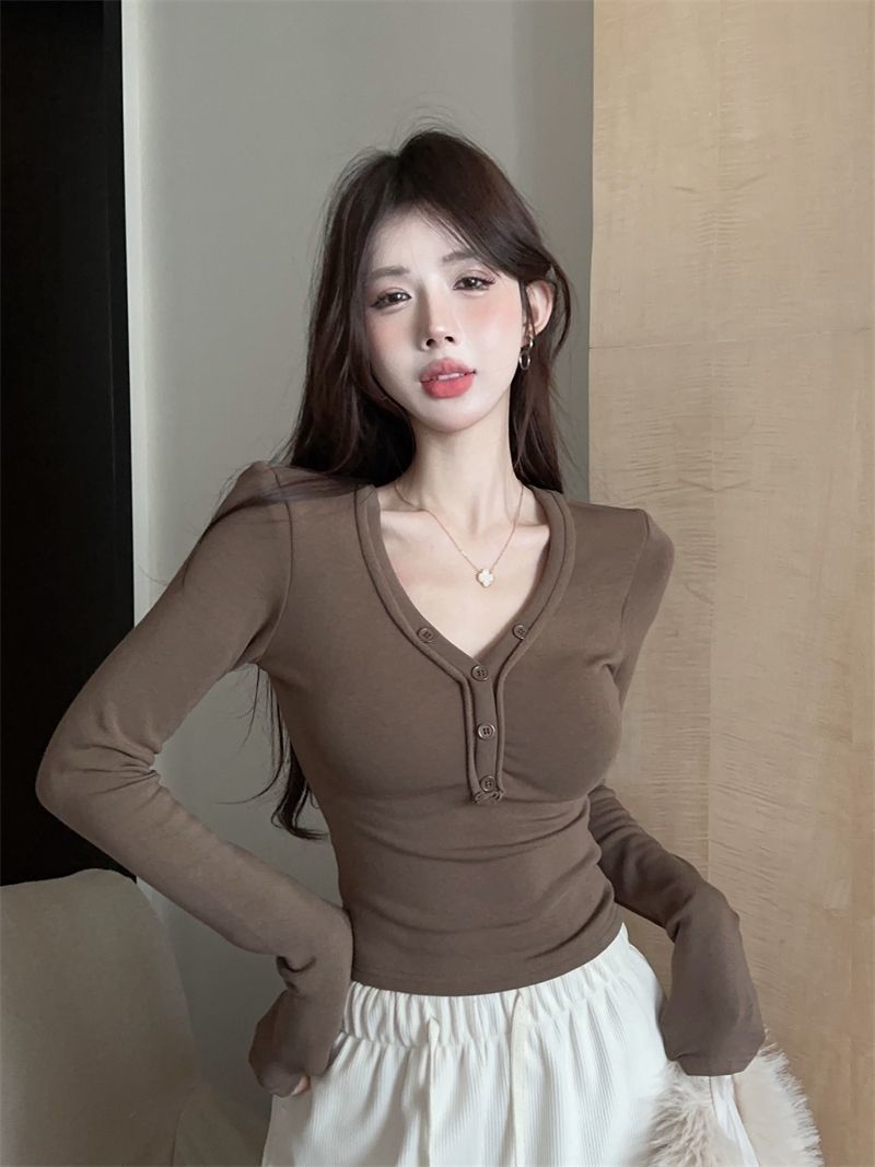 美式復古V領T恤打底衫女秋冬款顯瘦修身磨毛長袖短款漂亮百搭上衣