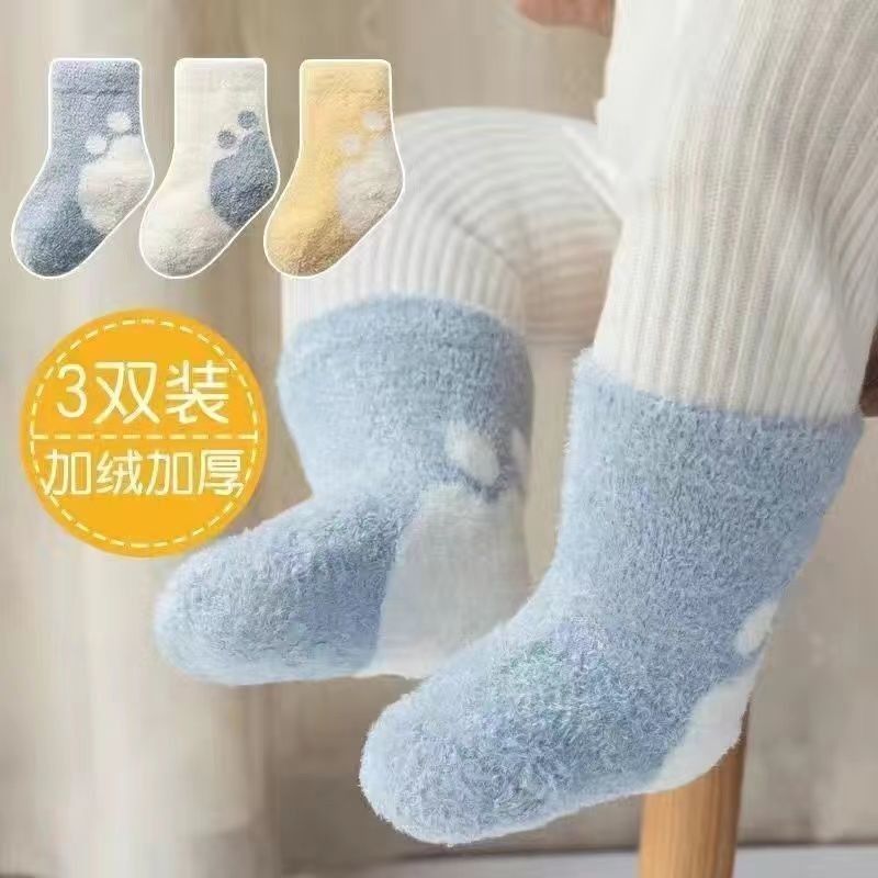 嬰兒襪子冬天襪子秋冬加絨加厚純棉珊瑚絨新生兒不勒腿保暖中筒襪