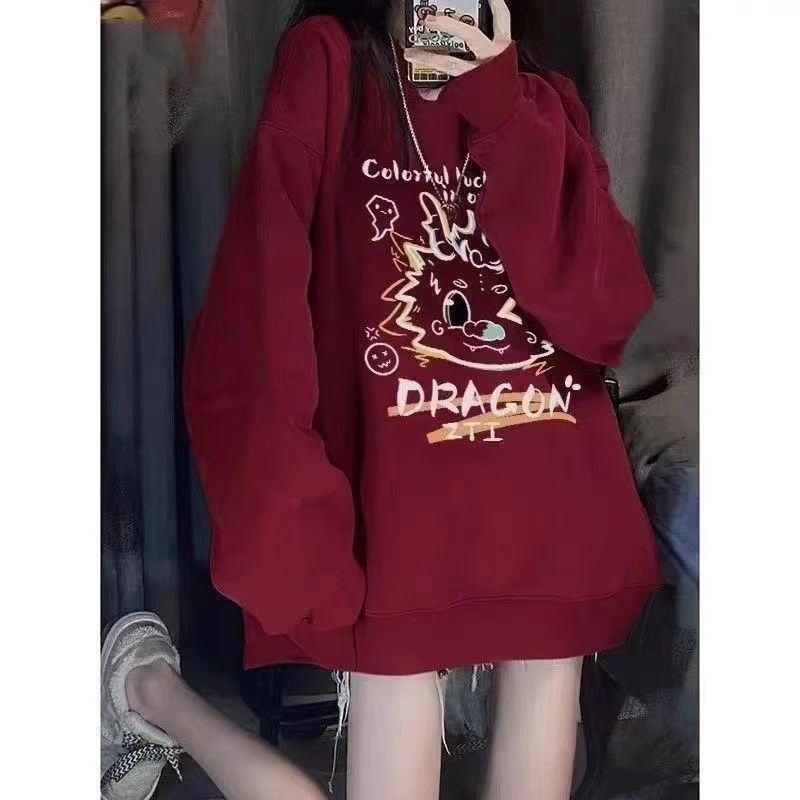 酒紅色龍年圓領復古過年喜氣衛衣女寬鬆百搭小個子長袖上衣服潮