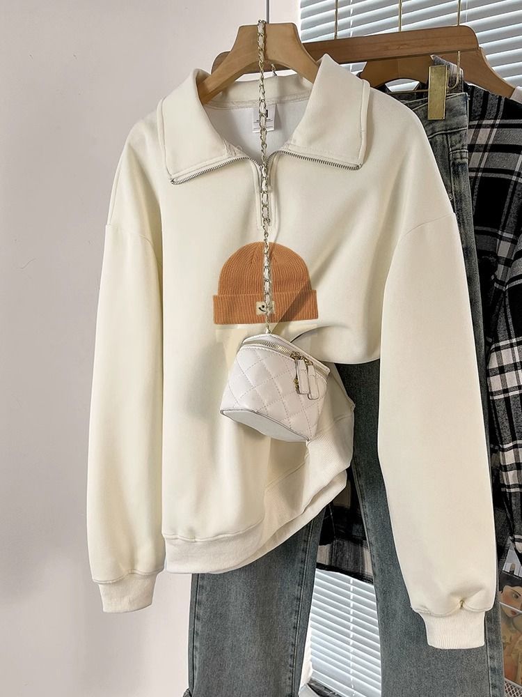半拉鏈純棉衛衣女秋冬季潮牌設計感小眾大碼胖mm寬鬆POLO翻領上衣