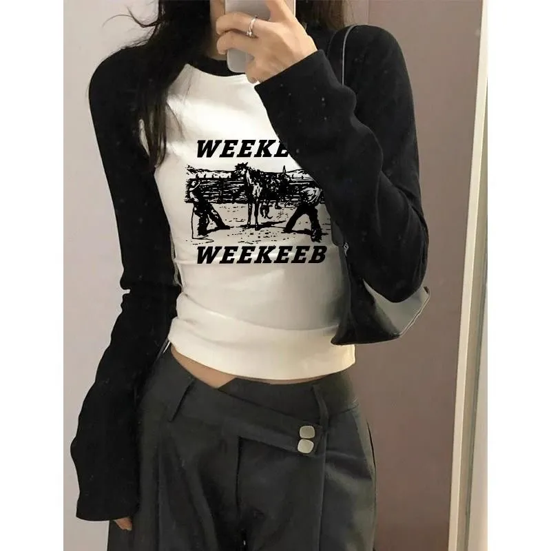 美式復古辣妹正肩長袖t恤女新款設計感拼接修身顯瘦加厚短款上衣