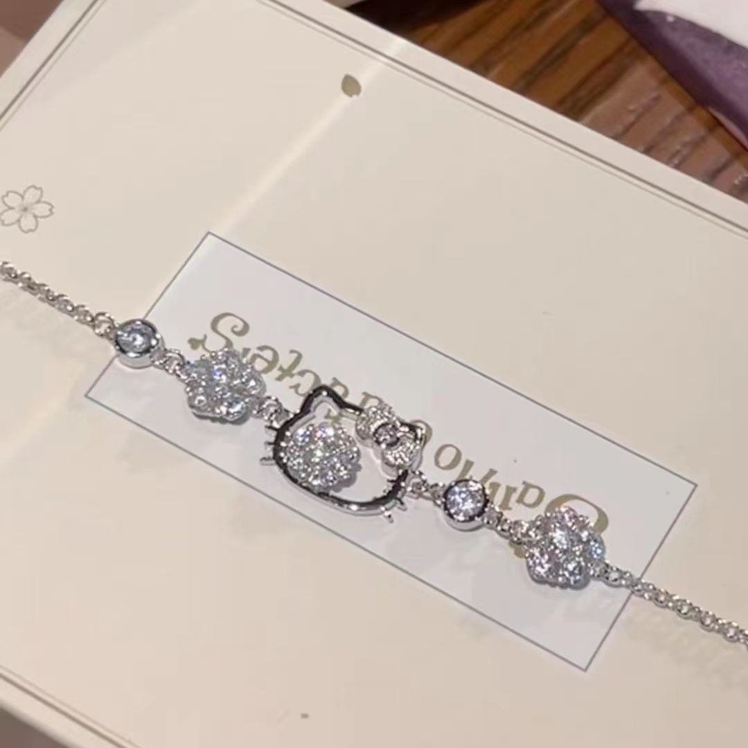 925 sterling silver hellokitty bracelet, cute fairy Hello Kitty diamond-encrusted adjustable bracelet for best friend and girlfriend