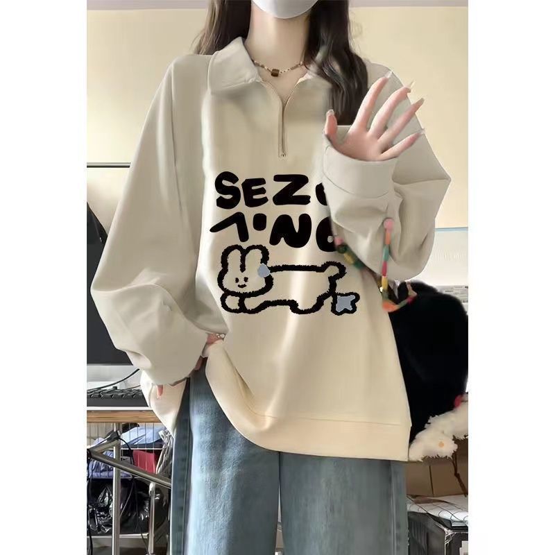 秋冬季加絨加厚字母印花半拉鏈個性衛衣ins潮流百搭寬鬆chic港風