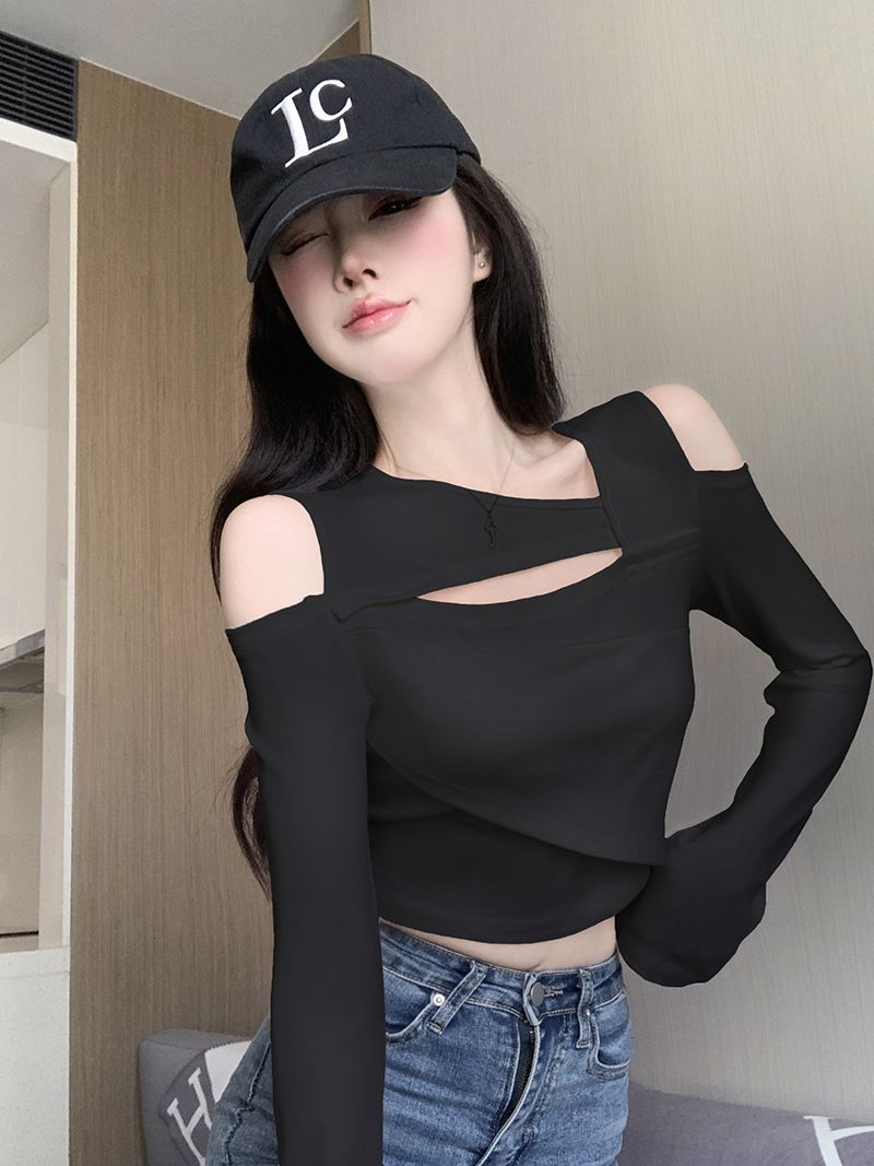 長袖t恤女秋季小個子性感高腰短款辣妹純欲上衣小眾設計感打底衫
