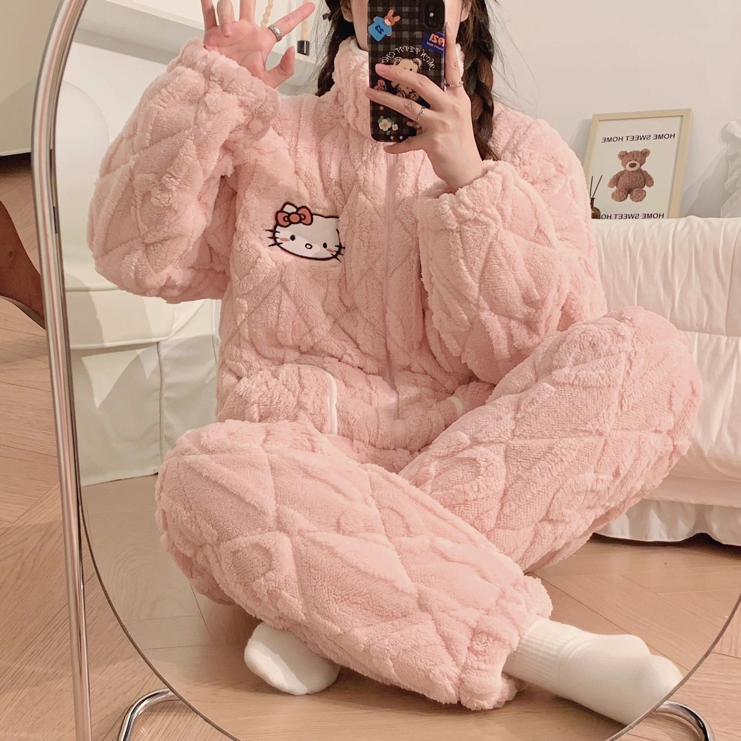 Thick velvet three-layer quilted jacket, ultra-thick pajamas, women's autumn and winter suits, coral velvet warm winter home clothes