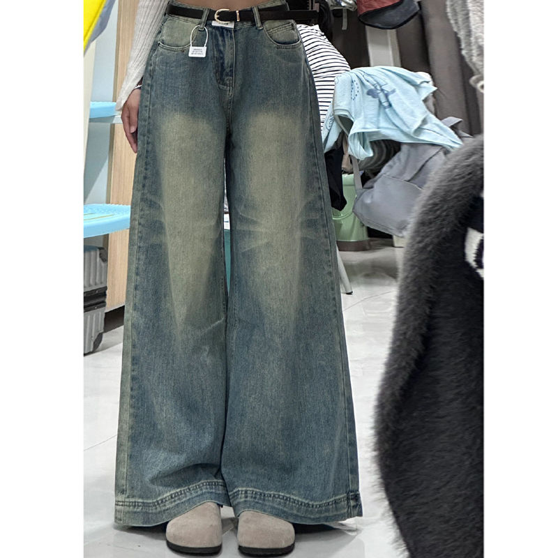 復古做舊水洗牛仔褲女春季小個子垂感拖地褲闊腿褲高腰顯瘦直筒褲