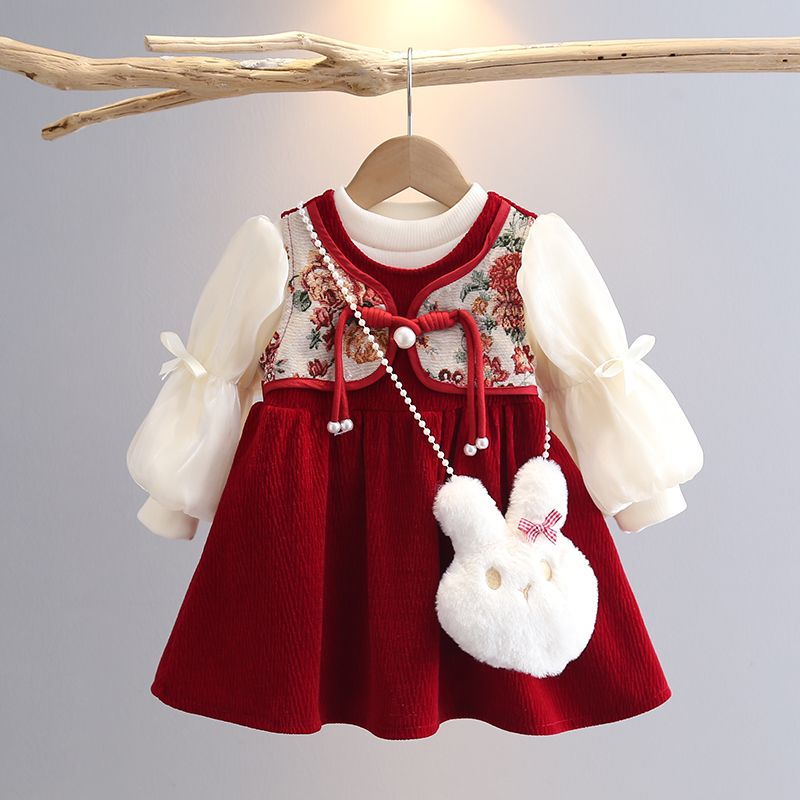 Girls' velvet dress, autumn and winter vest dress, western-style children's Chinese-style buckle red New Year's greeting dress skirt