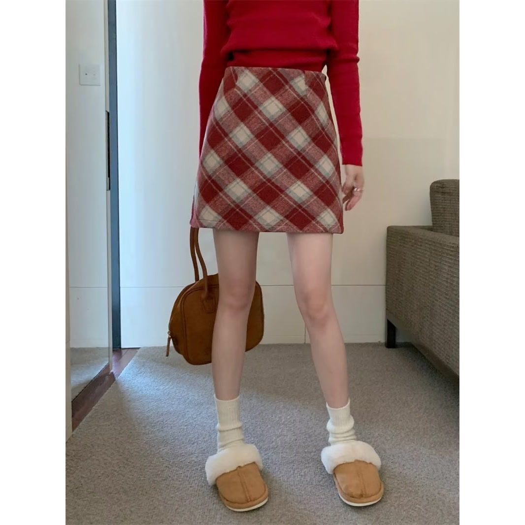 High-waist plaid woolen skirt for women autumn and winter  new retro plaid hip-covering skirt short skirt A-line skirt