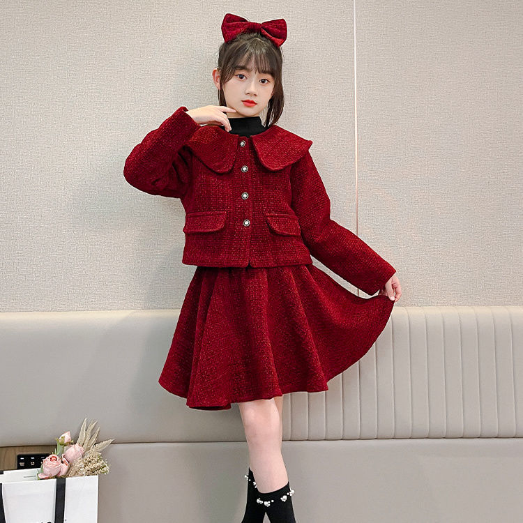 儿童小香风套装裙子秋冬拜年服新款女童洋气红色外套半身裙两件套