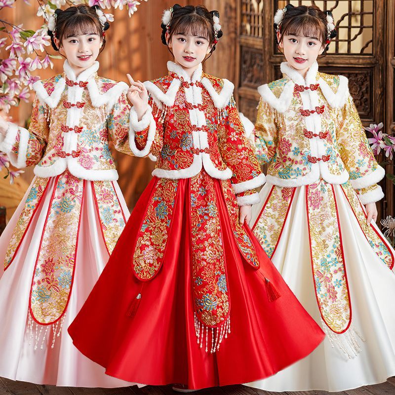 拜年服女童漢服兒童古裝旗袍加絨冬季唐裝紅色新年裝加厚冬款套裝