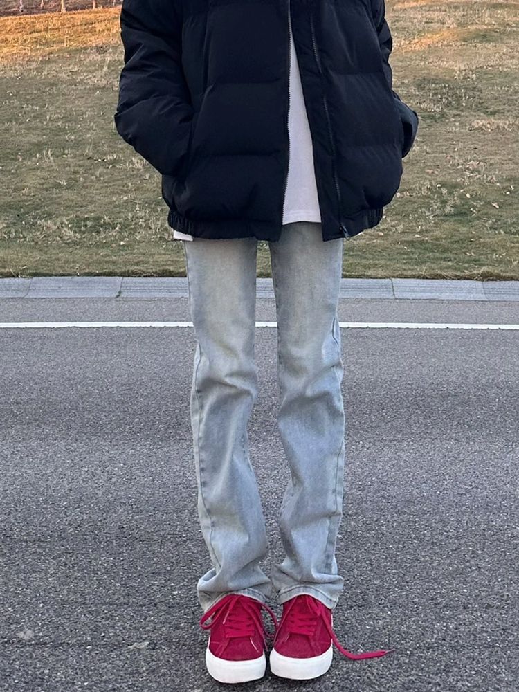 美式高街vibe直筒牛仔褲女冬季新款高腰彈力修身顯瘦窄版闊腿褲子