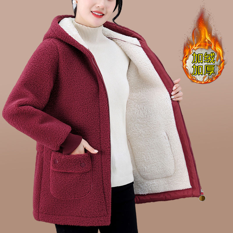 Mom's winter velvet jacket, mid-length thickened granular velvet hooded top, middle-aged and elderly lamb velvet warm cotton coat