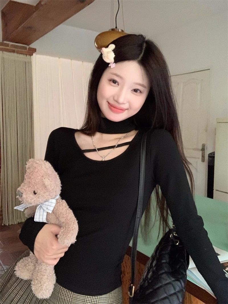 純欲甜辣妹短款獨特别致鏤空掛德絨緊身上衣長袖t恤女設計感內搭