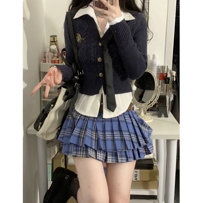 三件套裝女2023冬新款韓系學院風V領修身毛衣開衫襯衫高腰半身裙