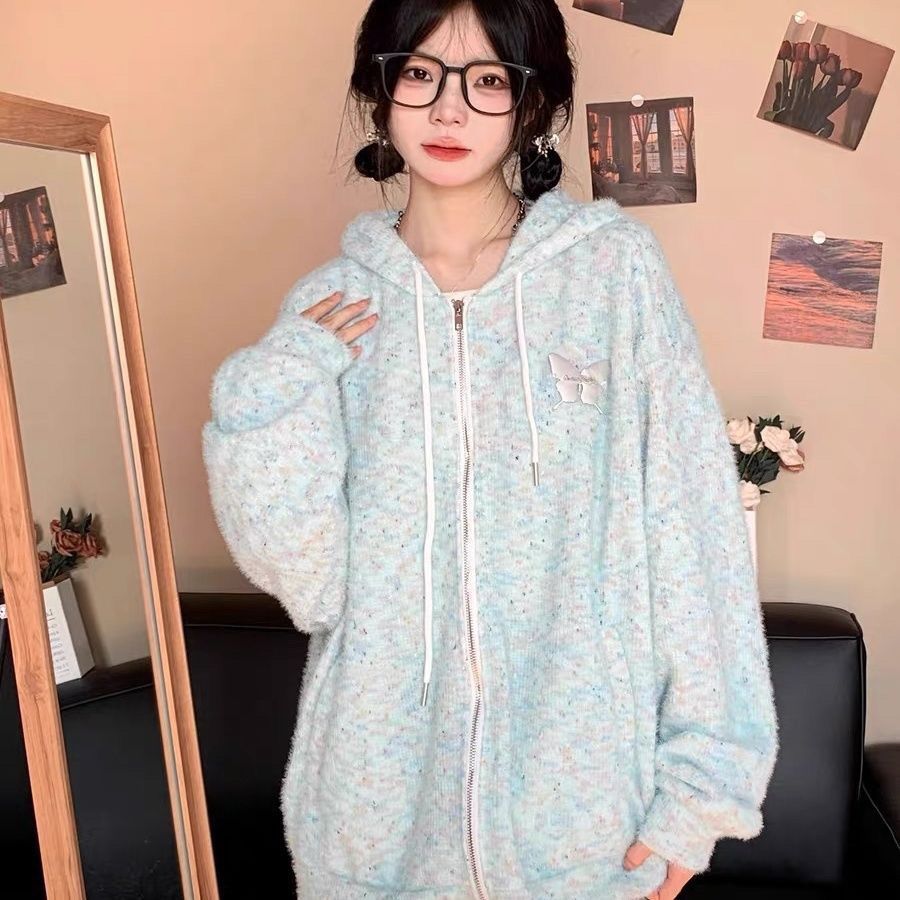 Retro butterfly cardigan breast sweatshirt for women autumn trendy brand loose lazy couple knitted hooded