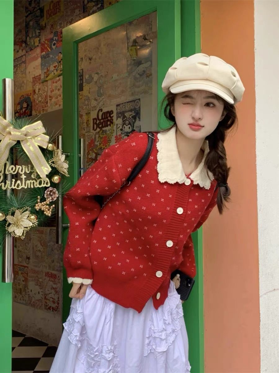 娃娃領小花毛衣外套女2023秋冬新款復古甜美針織開衫短款上衣