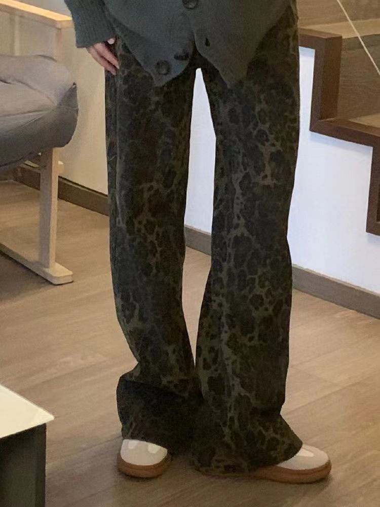 國潮牌美式街頭豹紋牛仔褲女秋冬新款高腰寬鬆顯瘦直筒闊腿長褲子