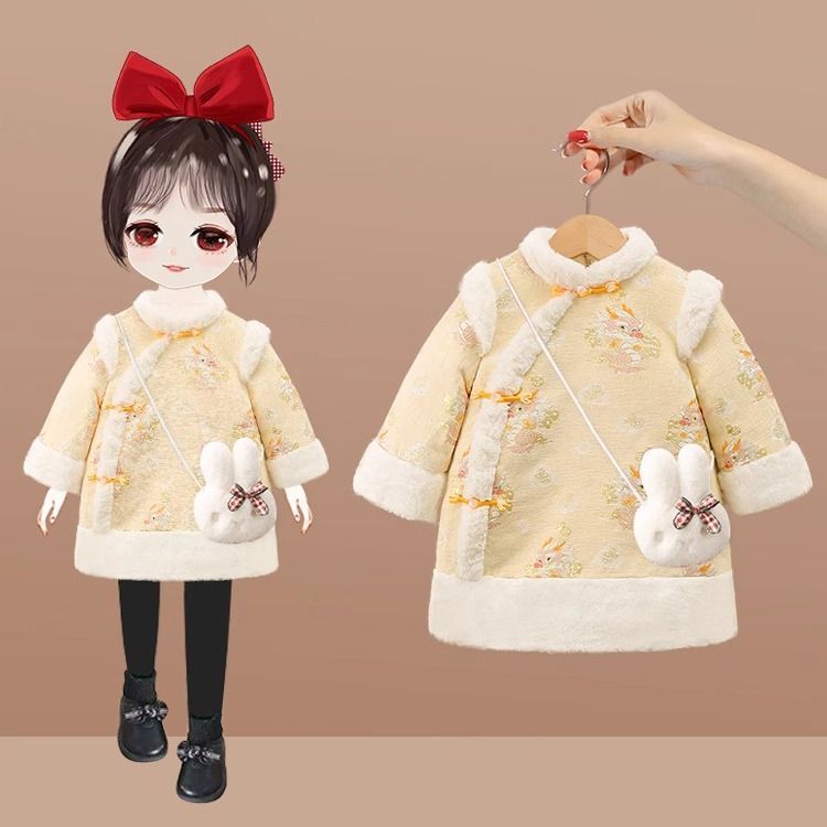 Hanfu girls' cheongsam dress, autumn and winter clothing, children's Tang suit, baby girl's one-year-old dress, cotton Chinese-style New Year's dress