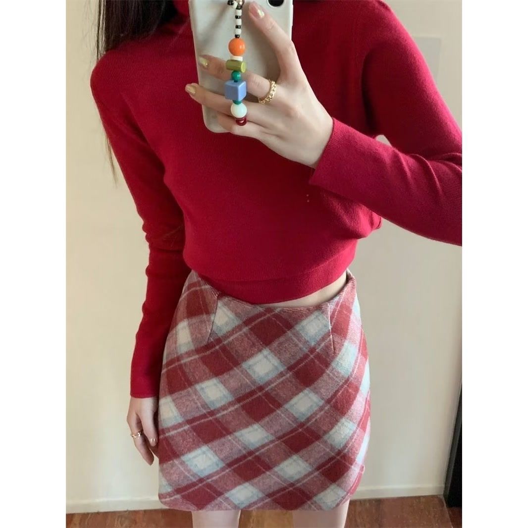 High-waist plaid woolen skirt for women autumn and winter  new retro plaid hip-covering skirt short skirt A-line skirt