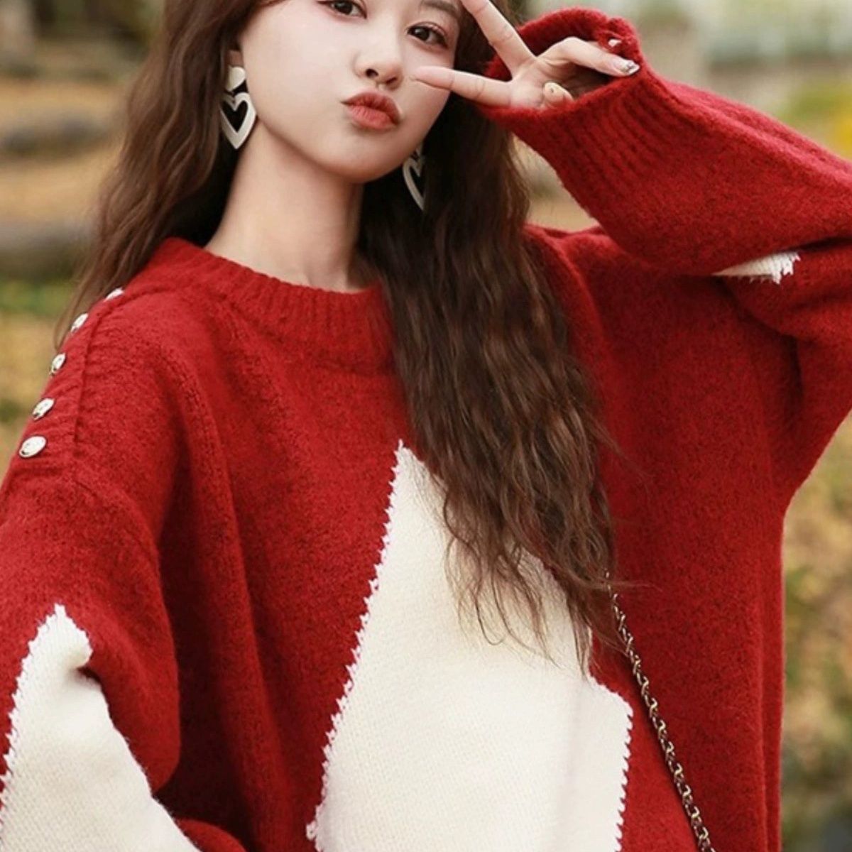 本命年聖誕紅色毛衣女秋冬季新款慵懶風寬鬆小個子套頭針織衫上衣