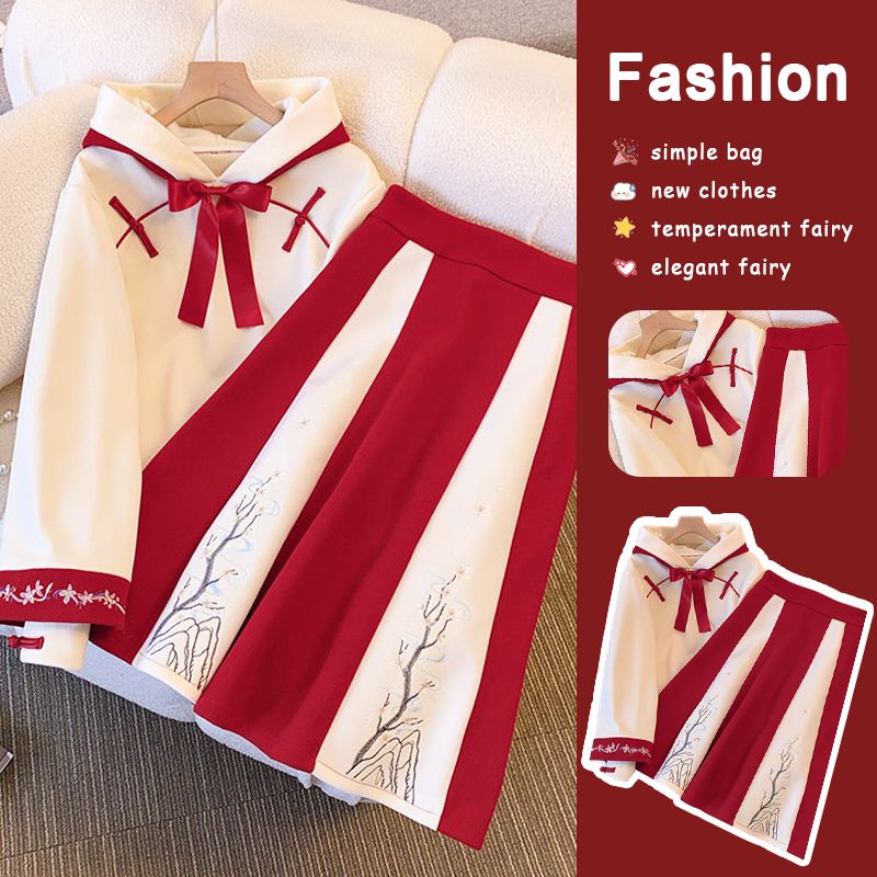 【嬰兒絨】龍年拜年服中國風本命年紅色連衣裙衛衣半身裙套裝秋冬
