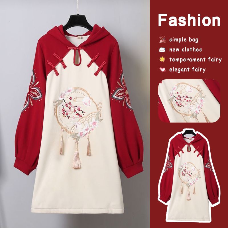 【嬰兒絨】新年戰袍拜年服紅色衛衣裙漢服冬款2024新款國風連衣裙