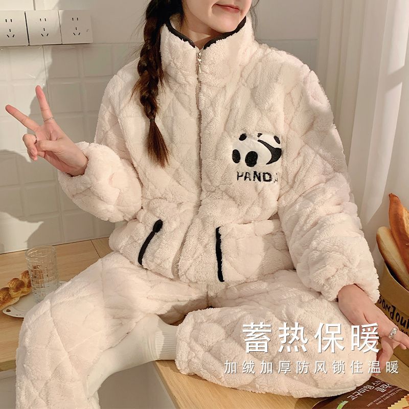 Pajamas for women, autumn and winter suits, plus velvet and thickened three-layer quilted jacket, extra thick coral velvet, warm winter home clothes