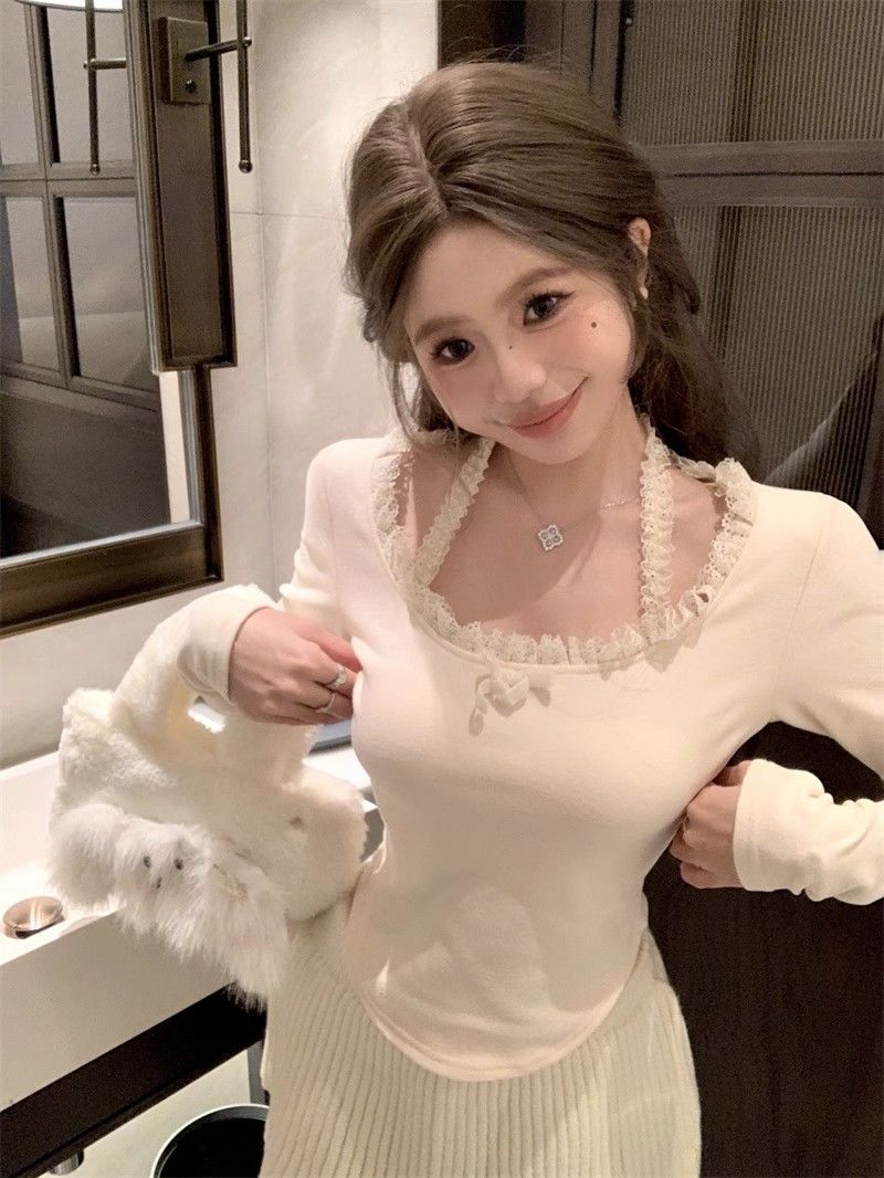 設計感純欲蕾絲方領T恤女春秋冬韓版修身短款長袖打底衫甜辣上衣