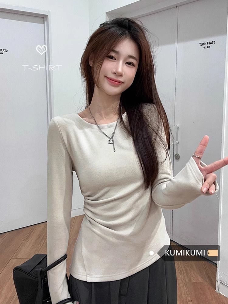 不規則基礎款德絨磨毛加厚保暖T恤女冬季褶皺修身打底衫內搭上衣