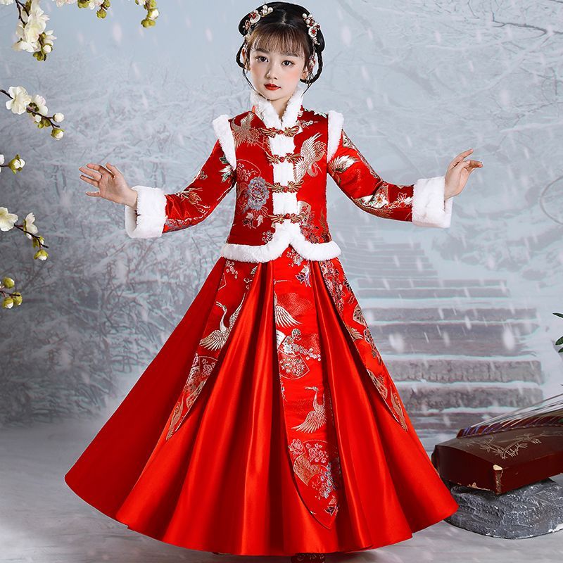 漢服女童秋冬加絨加厚中國風古裝兒童喜慶過年衣服女孩拜年服冬季