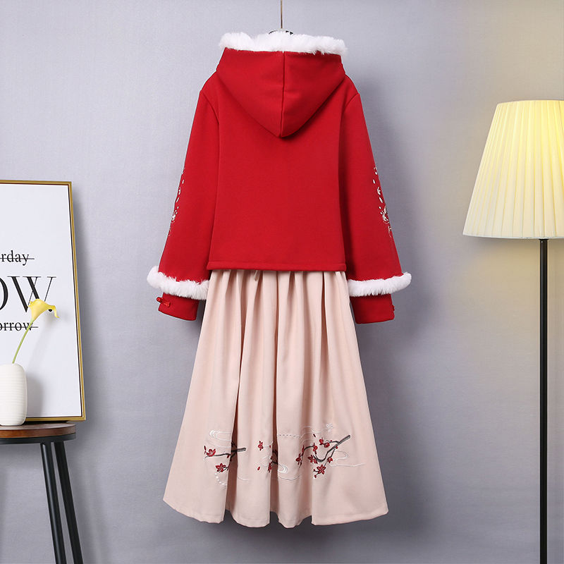 【婴儿绒】圣诞穿搭刺绣加绒新中式轻国风冬装过年红色套装裙唐装