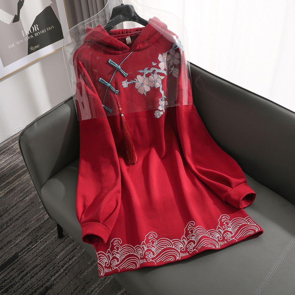 原创设计2024新款中国风旗袍改良版卫衣加绒加厚新年卫衣裙汉服女