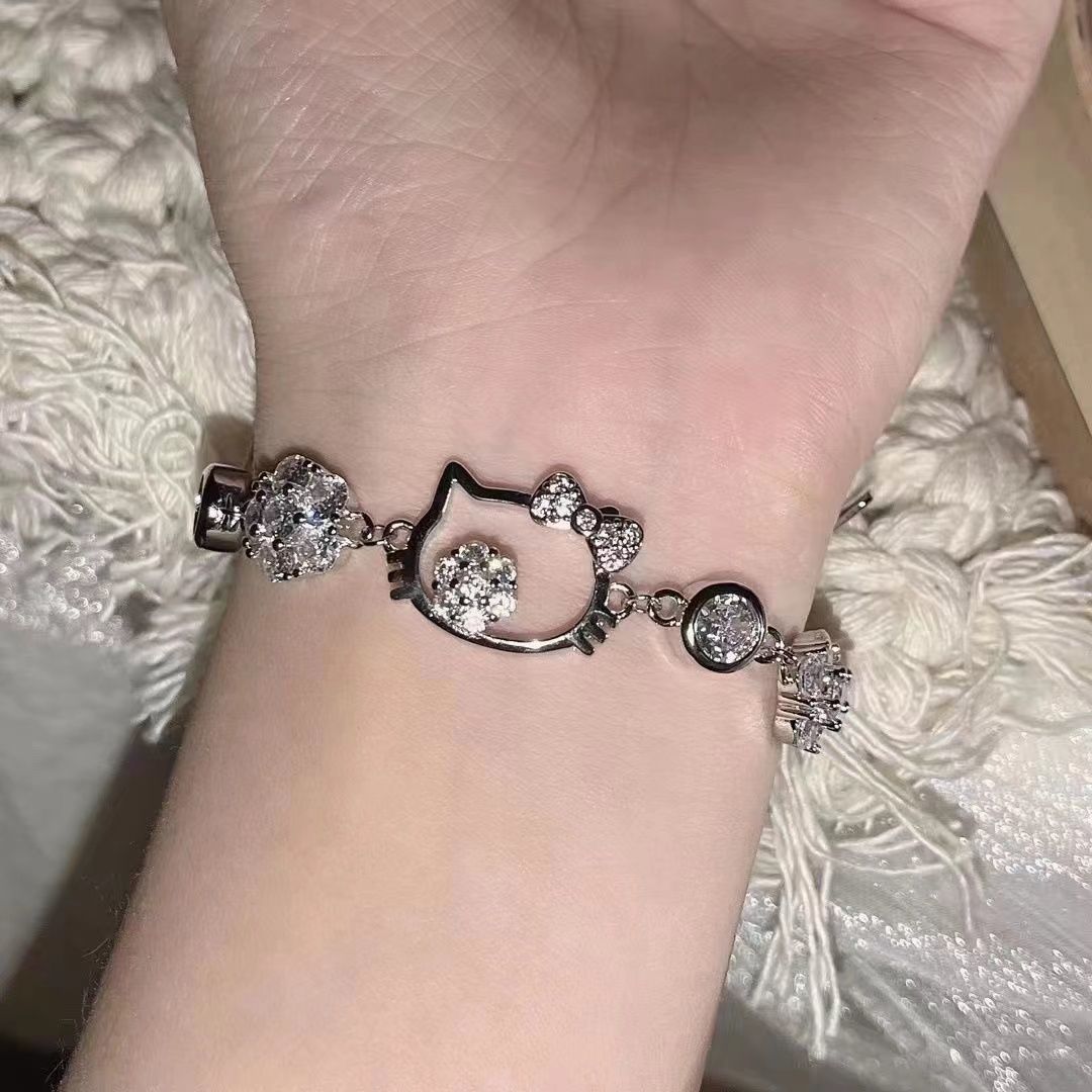 925 sterling silver hellokitty bracelet, cute fairy Hello Kitty diamond-encrusted adjustable bracelet for best friend and girlfriend