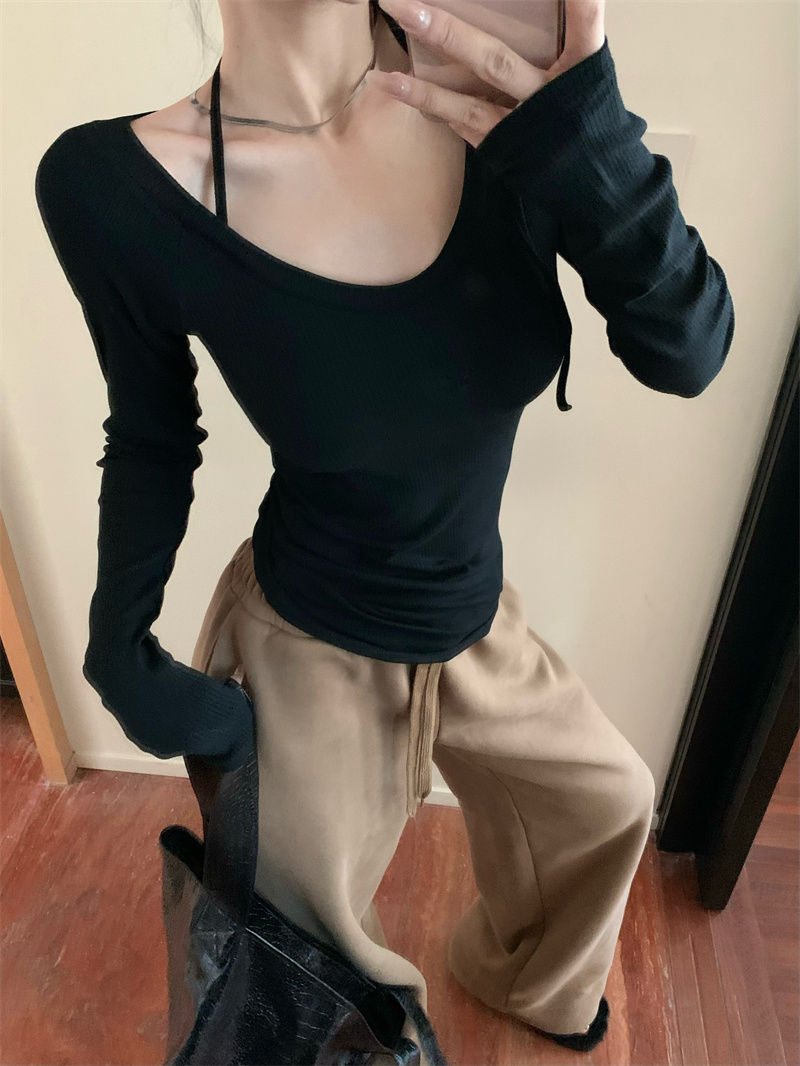 黑色掛脖緊身長袖T恤女秋冬季收腰修身簡約純欲風內搭打底衫上衣