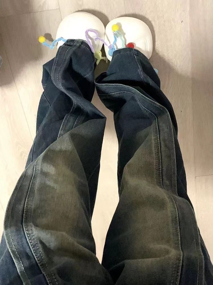 美式高街設計感直筒牛仔褲女秋冬款復古高腰寬鬆顯瘦做舊闊腿褲子