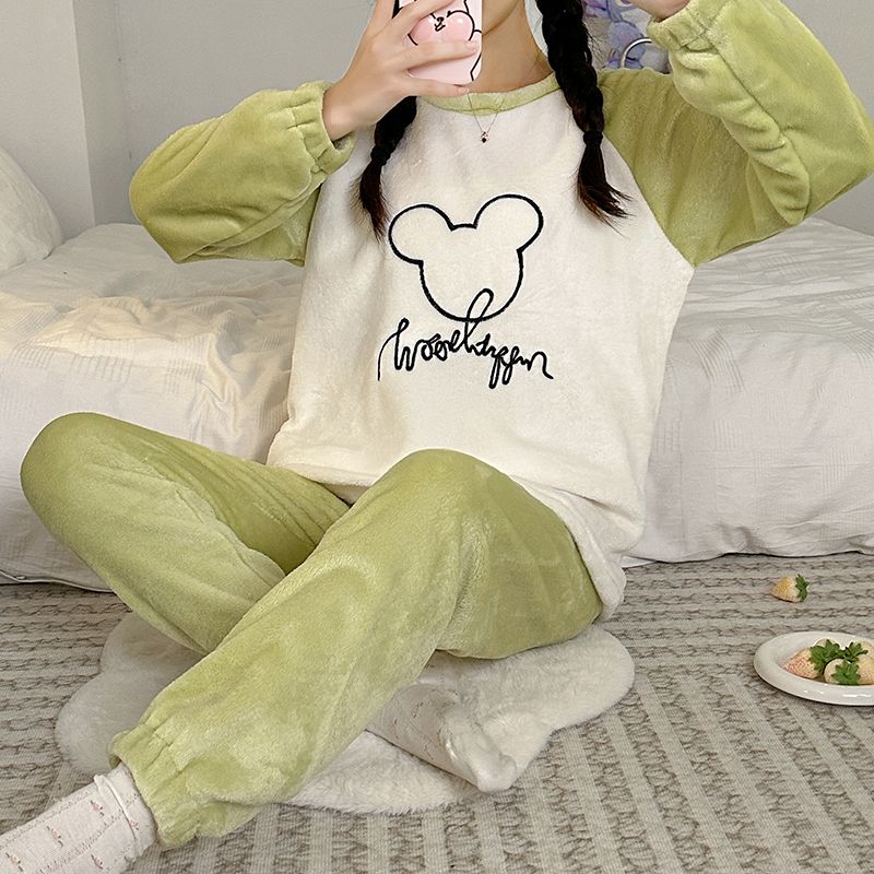 Coral Fleece Pajamas for Women Autumn and Winter Thickened and Velvet Student Long Sleeve Round Neck Cartoon Flannel Home Clothes Set
