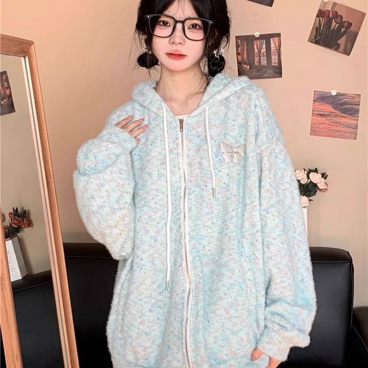 Retro butterfly cardigan breast sweatshirt for women autumn trendy brand loose lazy couple knitted hooded