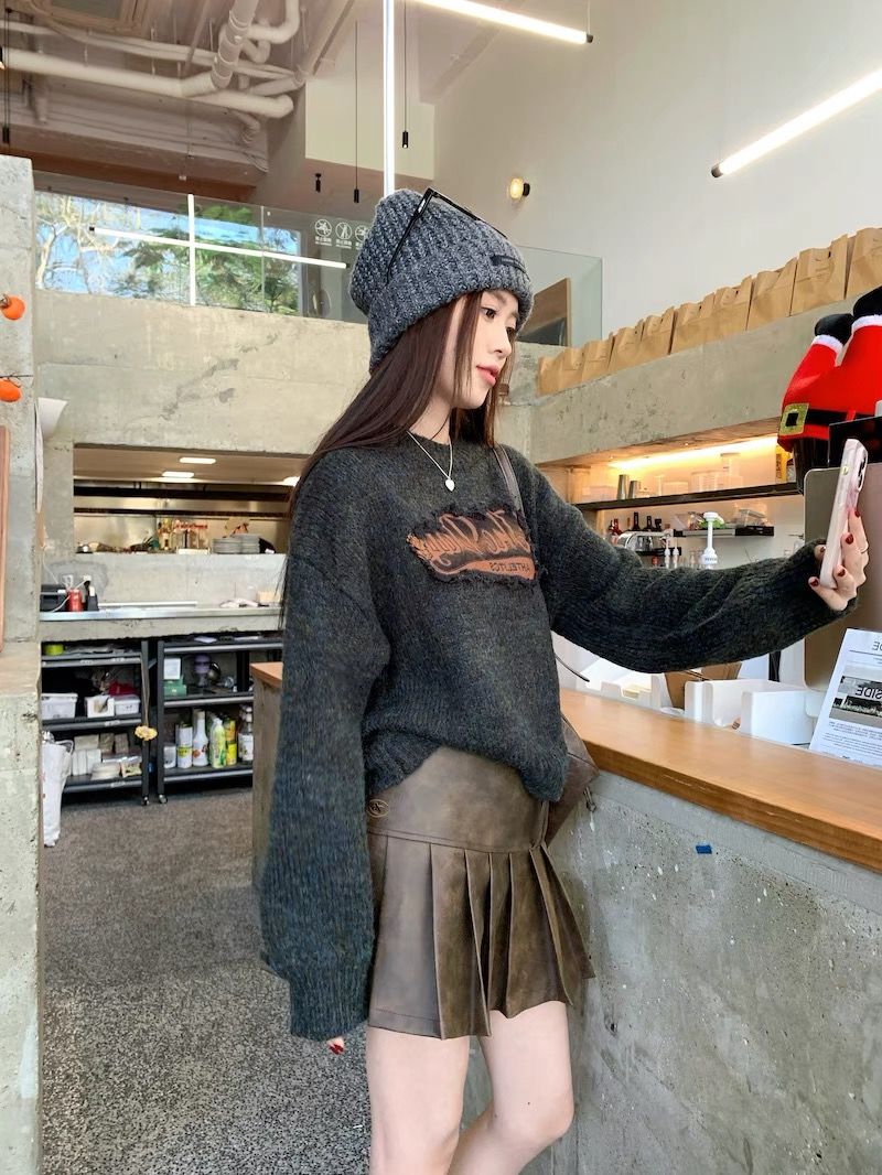 美式復古短款針織毛衣女秋冬秋季冬季設計感小眾正肩寬鬆加厚外穿